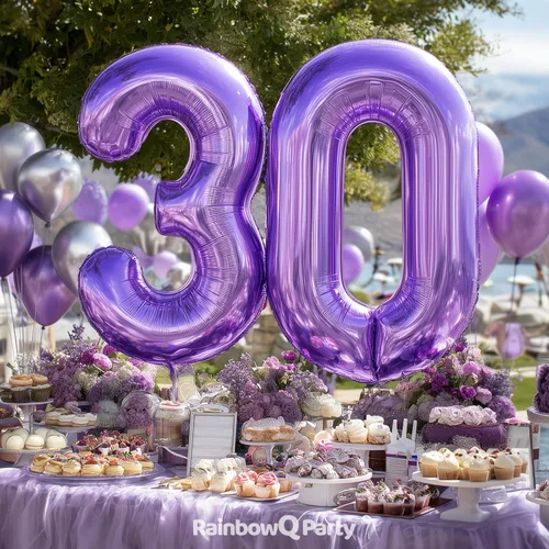 Vista 2 de Globo de número 0 de 40 pulgadas de RainbowQ Party, grande, color púrpura, para niños o niñas, números del 0 al 9, de papel de aluminio y Mylar