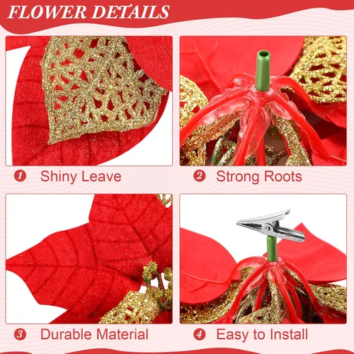 Vista 4 de 30 flores de Pascua artificiales de Navidad grandes de 8 pulgadas, para árbol de Navidad con purpurina, flores de imitación, guirnalda floral