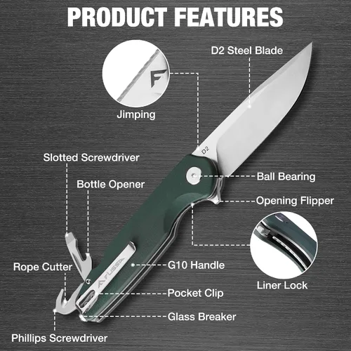 Vista 2 de FLISSA VERSA Cuchillo de bolsillo multiherramienta, hoja D2 de 3.3 pulgadas con mango G10, cuchillo plegable con bloqueo de revestimiento con Verde