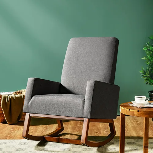 Vista 2 de Giantex Mecedora tapizada, sillón moderno de tela con base de madera, bolsillo lateral, asiento acolchado de lino, silla mecedora con respaldo alto