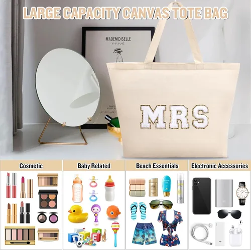 Vista 5 de izuzta Bolsa de lona de felpilla para mujeres y niñas, bolsa de maquillaje grande y bonita de viaje con cremallera y asa, Señora, beige