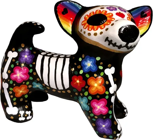 Vista 6 de Dia de Muertos. Perro de Catrina. Artesanía Mexicana. Monumento a las mascotas, recuerdo. Figura de cerámica para la decoración del Día de Muertos