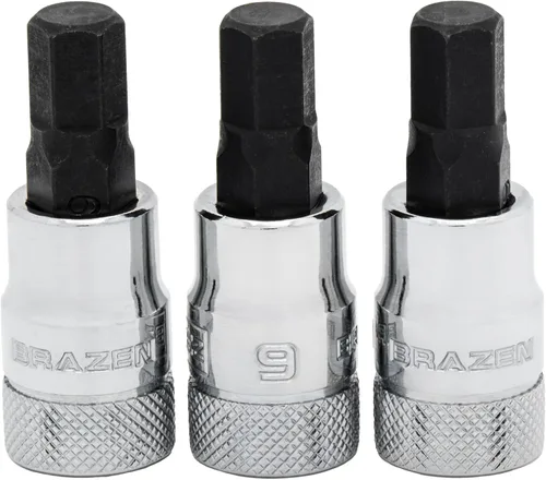 Vista 38 de BRAZEN Juego de Tres Vasos Hexagonales de 1/4"/Destornillador Allen (Carraca de 3/8", Corto)