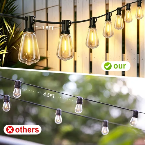 Vista 2 de Achin 50FT Solar String Lights Outdoor with 32 LED Bulbs 1.5FT Bulbs Spacing,Patio String Lights Whith Remote, IP65 Waterproof, 3600mAm Battery
