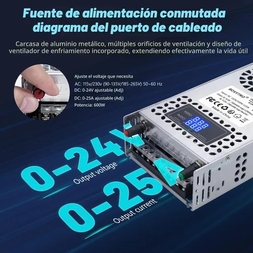 Vista 4 de Fuente de alimentación CC ajustable de 24V 600W, fuente de alimentación conmutable CA 110V/220V a CC 0-24V convertidor CC con pantalla digital LED