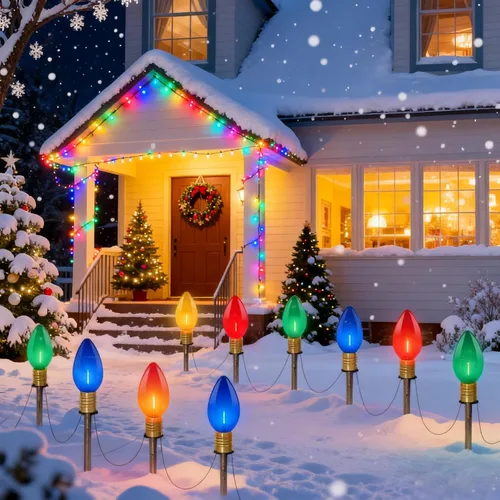 Vista 11 de Abeja Luz de camino de Navidad C9 para exteriores, bombillas multicolor de 38 pies, luces de camino de Navidad con 25 estacas, luces conectables