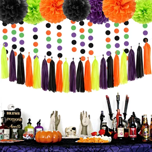 Vista 6 de Decoraciones de Fiesta de Halloween Negro-Morado Naranja Verde - 30 piezas Pompones de Papel Tissue, Serpentinas, Guirnalda de Borlas, Pancarta