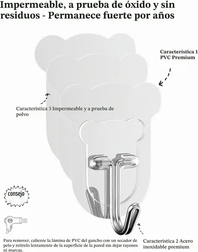 Vista 8 de 10 ganchos adhesivos resistentes de 10 libras máximo, ganchos de pared transparentes e impermeables para baño, ducha, cocina, oficina, sin daños