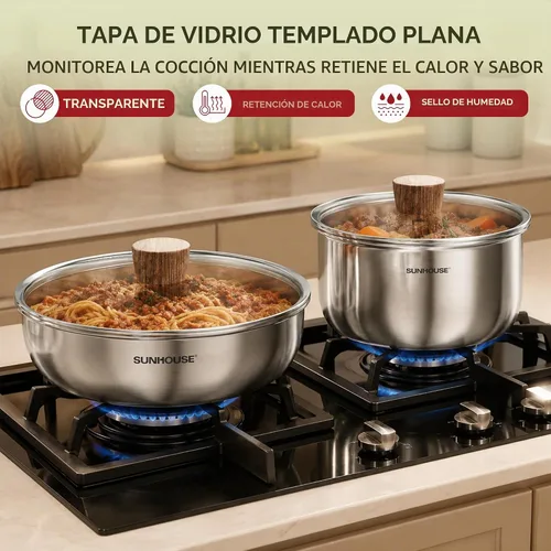 Vista 5 de SUNHOUSE 9pcs 3-Ply Clad Stainless Steel Cookware Set w/Detachable Handle