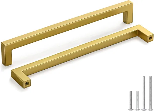 Vista 15 de Homdiy Paquete de 30 tiradores de bronce cepillado dorado de 3- 1/2 pulgada, cuadrados, herrajes para gabinete de cocina, armarios; 3- 1/2 pulgadas