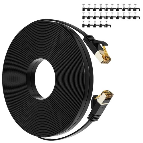 Vista 9 de Cable Ethernet Cat 7 de 2 pies, Cat7 plano de alta velocidad 10Gbps 600MHz blindado de red de Internet cable negro, cable LAN RJ45 ultra delgado