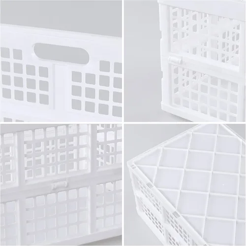 Vista 3 de Paquete de 2 cajas de almacenamiento plegables de plástico, 40 L, cesta de almacenamiento plegable apilable grande, color blanco