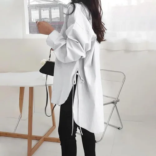 Vista 88 de Camisas de manga larga con botones para mujer, asimétricas, casuales, con cordones, túnica de gran