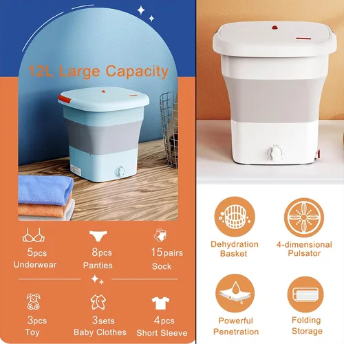 Vista 4 de Lavadora pequeña de 12 litros plegable con cesta de deshidratación, mini máquina de lavandería tipo perilla para ropa de bebé, camisetas, ropa Beige