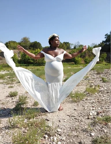 Vista 8 de ORQ Vestido de gasa de maternidad con hombros descubiertos para accesorios de fotos, vestido maxi de fotografía para sesión de fotos