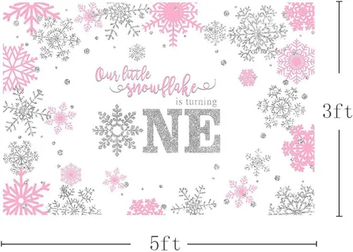 Vista 2 de MEHOFOND Telón de fondo de fotografía de invierno para niña, diseño de copo de nieve dulce y pequeño, feliz primer cumpleaños, rosa, plateado