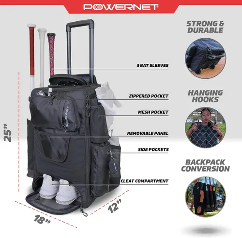 Vista 3 de PowerNet Odyssey - Bolsa de softbol y béisbol, mochila con ruedas para equipo de béisbol, bolsa de murciélago con 4 mangas de murciélago