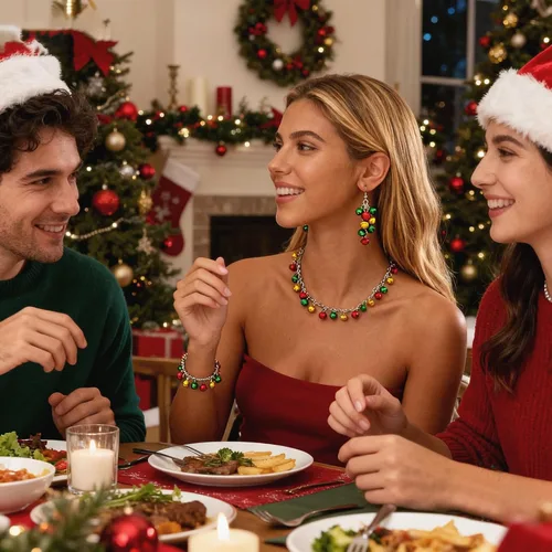 Vista 4 de Collar de Navidad, joyería de Navidad para mujer, aretes de lazo de Navidad, collar, pulsera, conjunto de joyas de cascabel, juego de joyas