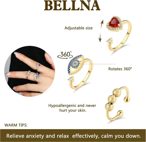 Vista 2 de BELLNA Anillos antiestrés para aliviar la ansiedad para mujeres con mal de ojo mariposa corazón con circonita cúbica para hombres para aliviar