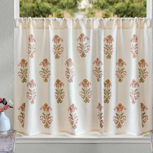 Vista 19 de Cortinas de algodón de media cocina para ventanas pequeñas, baño y café, estampado a mano en bloque, velo de novia blanco, diseño bohemio moderno