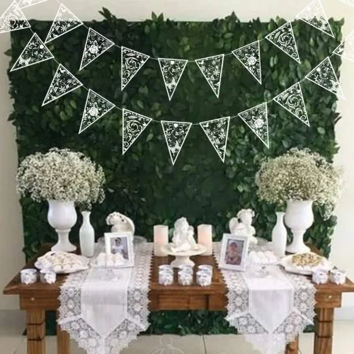Vista 9 de Guirnalda de encaje floral blanco Cheerland para decoración de despedida de soltera, banderín de encaje, banderines de boda, aniversario, bebé