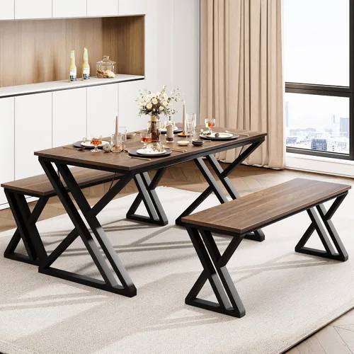 Vista 8 de GAOMON Juego de mesa de comedor de 55 pulgadas para 4-6, juego de mesa de cocina con 2 bancos, juego de mesa de comedor rectangular con marco