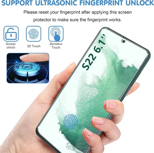 Vista 4 de Protector de pantalla (paquete de 3) para Samsung Galaxy S22 5G, vidrio templado 9H, compatible con huellas dactilares ultrasónicas, transparente