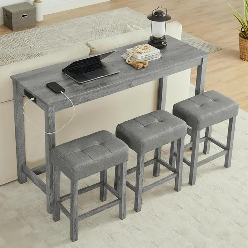 Vista 14 de Juego de mesa de barra de 59" de altura de mostrador con toma de corriente, mesa de desayuno industrial con 3 taburetes acolchados, juego de mesa