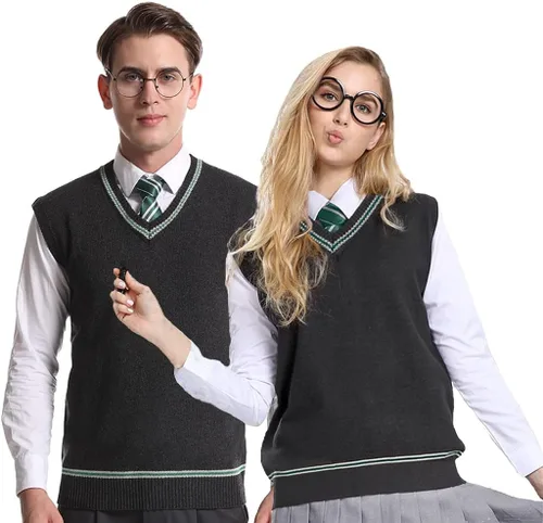 Vista 9 de Laahoem Chaleco unisex para disfraz de cosplay para hombre y mujer, chaleco de otoño e invierno, uniforme escolar, sin mangas, suéter de punto Azul