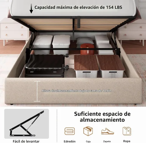 Vista 4 de iPormis Base de cama de almacenamiento elevable de tamaño completo con estación de carga, base de cama de plataforma tapizada con cabecera capitoné