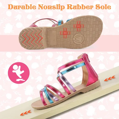 Vista 4 de Sandalias de gladiador para niñas con puntera abierta, sandalias de verano transpirables con cremallera en el talón (niños pequeñosniños grandes)
