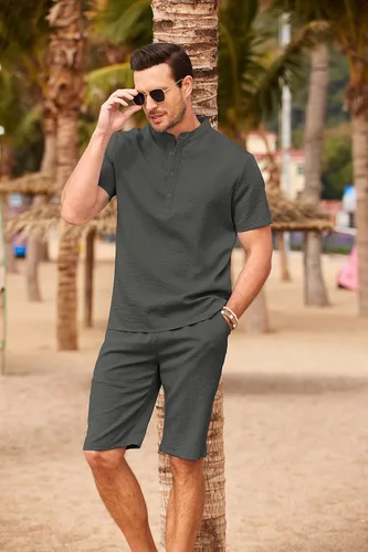 Vista 8 de COOFANDY Conjunto de 2 piezas de lino para hombre, camisas Henley casuales de manga corta, pantalones cortos de yoga para la playa, pantalones