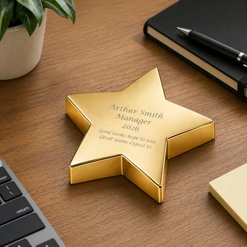 Vista 3 de Pisapapeles con estrella dorada personalizada grabada - Se envía desde Estados Unidos