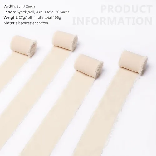 Vista 2 de Pretty Jolly Cinta de gasa beige para envolver regalos, 3 rollos de 2 pulgadas x 7 yardas, cinta de tela de seda hecha a mano con flecos para ramo