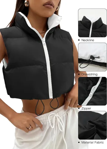 Vista 5 de Allytok Chaleco acolchado corto para mujer, ligero, sin mangas, con cremallera, Y2K