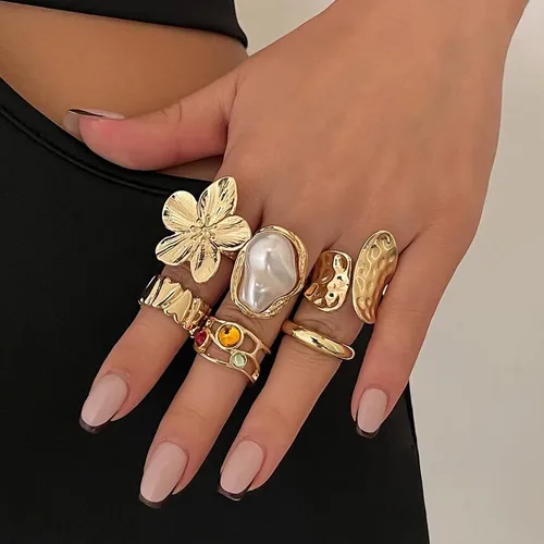 Vista 7 de Esther Juego de anillos de estilo vintage, 6 piezas, tono dorado con diseño de perlas y flores
