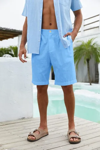 Vista 2 de Runcati Pantalones cortos de algodón y lino con parte delantera plana con botones y cintura elástica, ajuste regular, pantalones cortos de playa