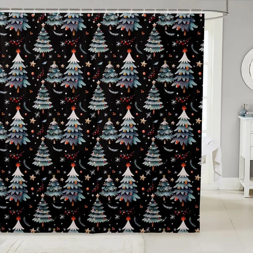 Vista 28 de Homewish Cortina de ducha de árbol de Navidad, juego de cortina de ducha de baño con diseño de copo de nieve dorado para niños y adultos, cortina