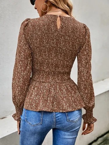 Vista 4 de PRETTYGARDEN Blusa casual de manga larga con cuello redondo y estampado floral dobladillo fruncido con volantes blusa tipo babydoll delgada