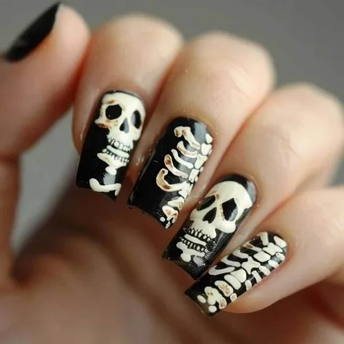 Vista 21 de Uñas postizas a presión para Halloween, cuadradas, cortas, con diseños de bosque lunar, uñas postizas con pegamento oscuro brillante en las uñas