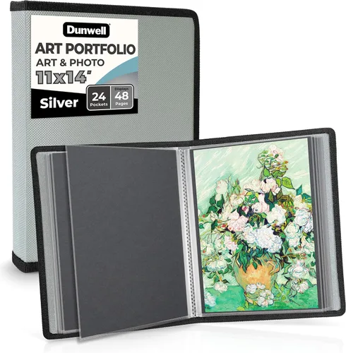 Vista 10 de Dunwell Carpeta portafolio de arte de 11x14 con papel de montaje (negro), carpeta grande para almacenamiento de obras de arte, 24 fundas muestran 48