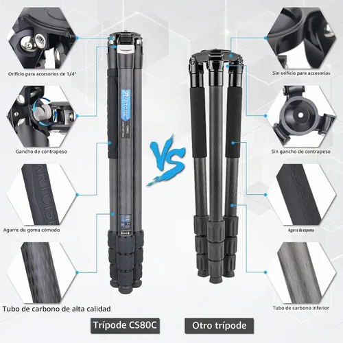 Vista 4 de ARTCISE Trípode de cámara de fibra de carbono - Trípode de viaje profesional resistente sin cabeza esférica, monopie para cámara réflex digital