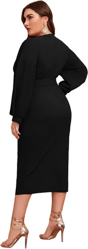 Vista 2 de Verdusa Vestido ajustado de talla grande con cuello en V y manga farol, con cinturón