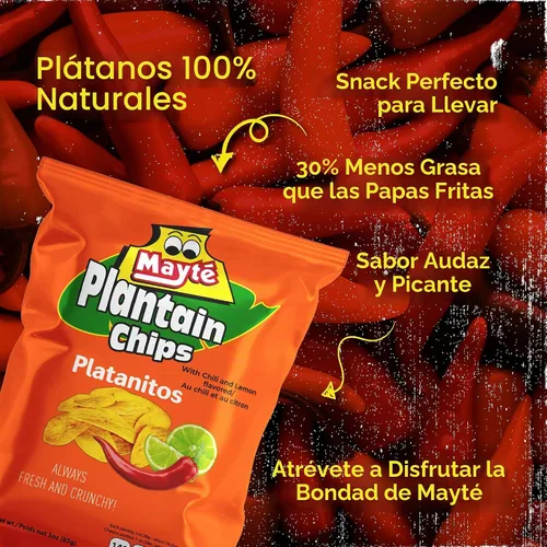 Vista 3 de Mayté Chips de plátano – Limón chile, 30 paquetes individuales (3 onzas cada uno) – Sin OMG, sin gluten, aperitivos saludables – Sin conservantes ni