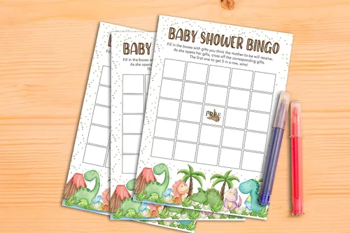 Vista 3 de Juegos de baby shower para niños y niñas, juego de bingo de dinosaurio para baby shower, decoración de fiestas de revelación de género, tarjetas