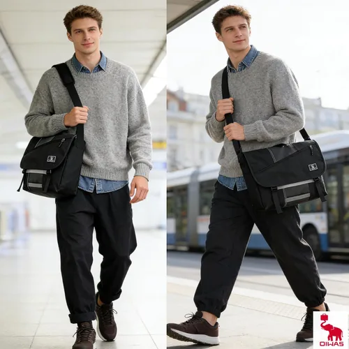 Vista 2 de OIWAS Bolsa de mensajero pequeña para hombres/mujeres, bolsa cruzada de viaje, bolsa de hombro de lona de 14 pulgadas para computadora portátil