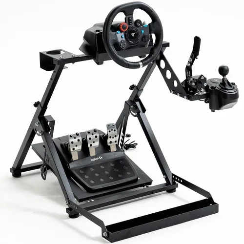 Vista 6 de Hottoby X-Shaped Foldable Racing Steering Wheel Stand With Seat Fixing Slot and Water Cup Holder Fit for LogitechThrustmasterMoza G29, G920, G923