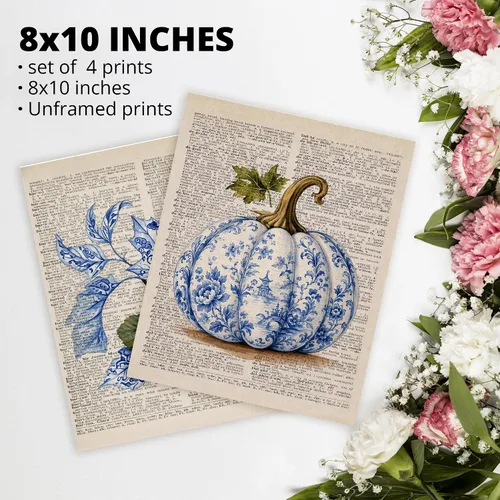 Vista 7 de AEHIE Chinoiserie Fall Pumpkin Wall Art Poster Prints Decor 4pcs 8x10 Blue and White Autumn Pumpkin Floral Maple Leaf Decorations Prints Wall Art