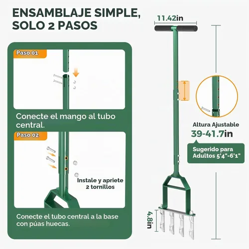 Vista 6 de Suntee Herramienta aireadora de césped, herramienta de césped con núcleo manual con 4 dientes huecos de acero inoxidable, altura ajustable