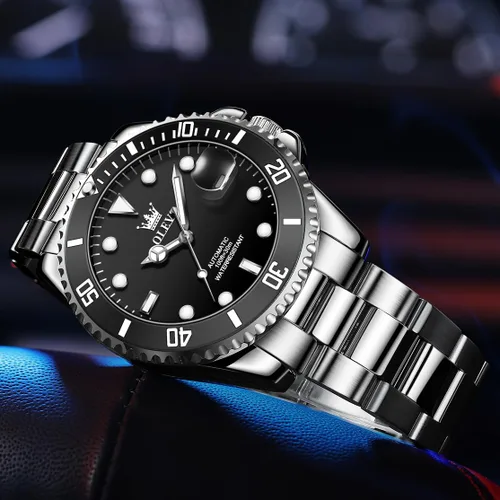 Vista 7 de OLEVS Men's Automatic Watch, Large Face Stainless Steel Self Winding Negro/Plateado
